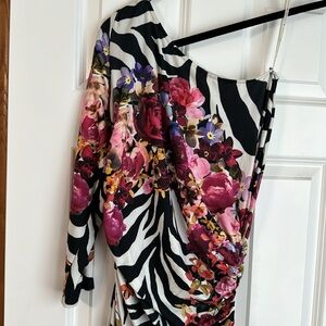 EUC Boston Proper one shoulder floral zebra ruched side dress size 12